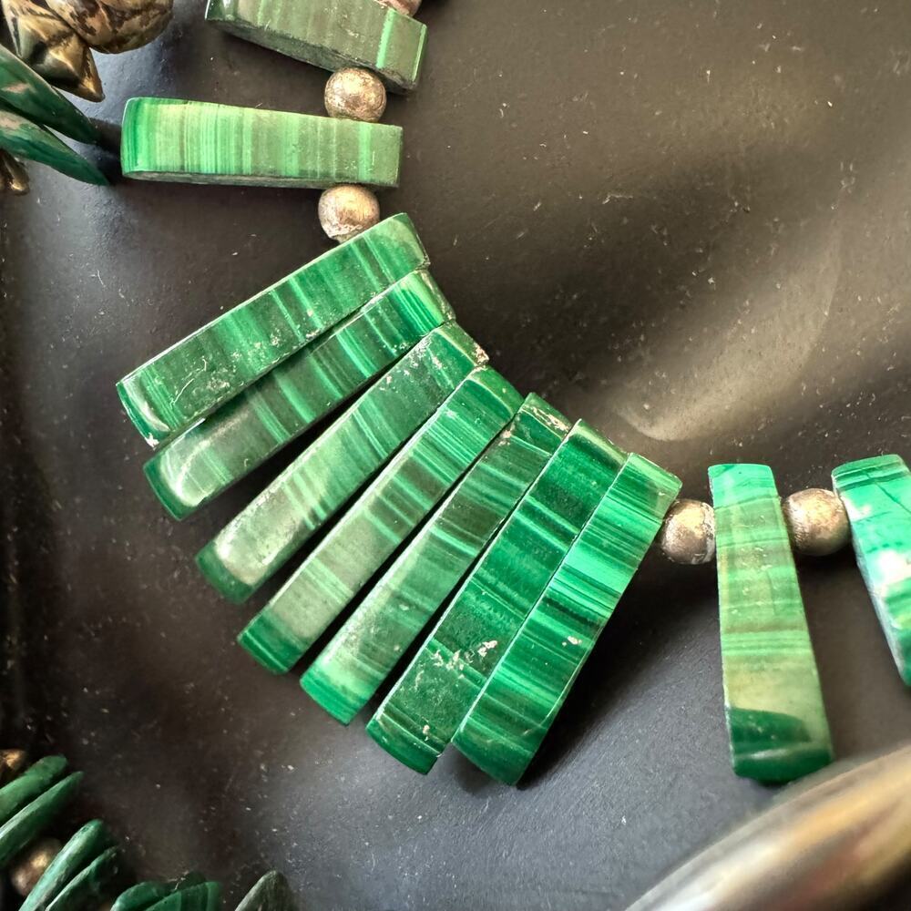 Vintage Native American Malachite Fringe Double Strand Silver Necklace 22-25”44g - Picture 3 of 13